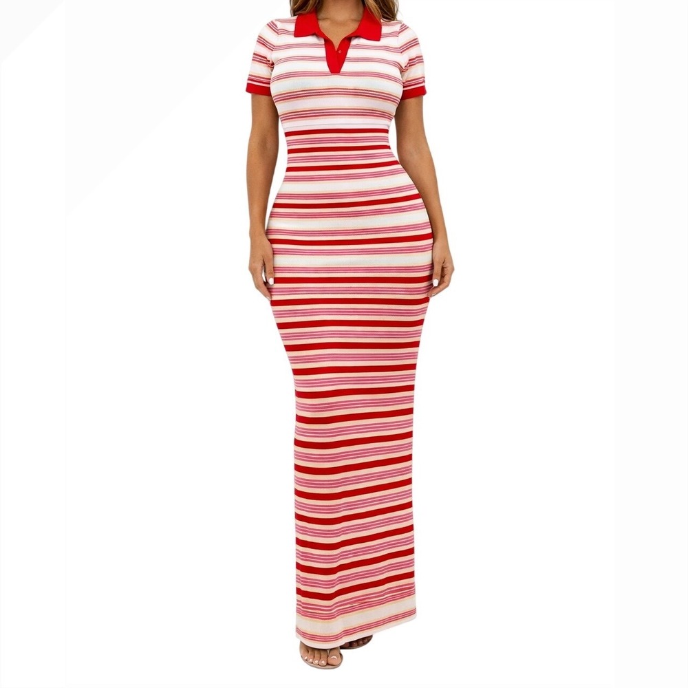 Elie Tahari Striped Knit Maxi Dress Polo Collar Pink Red White M NWT
